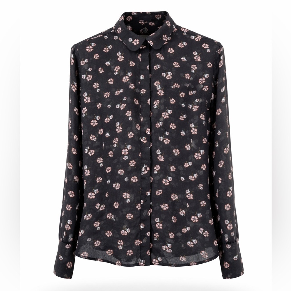 LOFT Womens Black Floral Button Down Blouse Size M Collared Long Sleeve Work Top